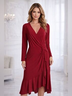MARINA Red Ruffled Wrap Dress with Tie Front/size M
